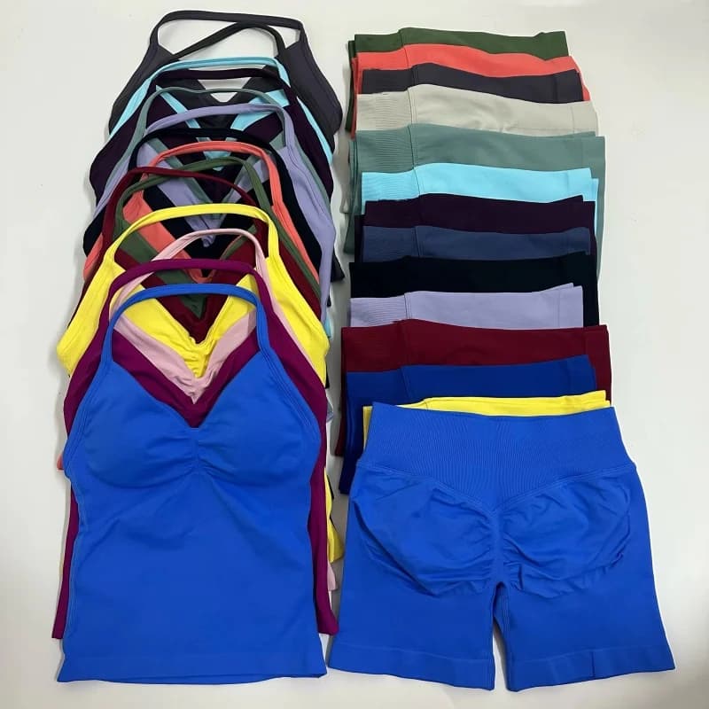 2 Pieces Women's Sports Set Backless Tank Top High Waist Scrunch Seamless Shorts Gym Workout Sportswear Fitness Suit
