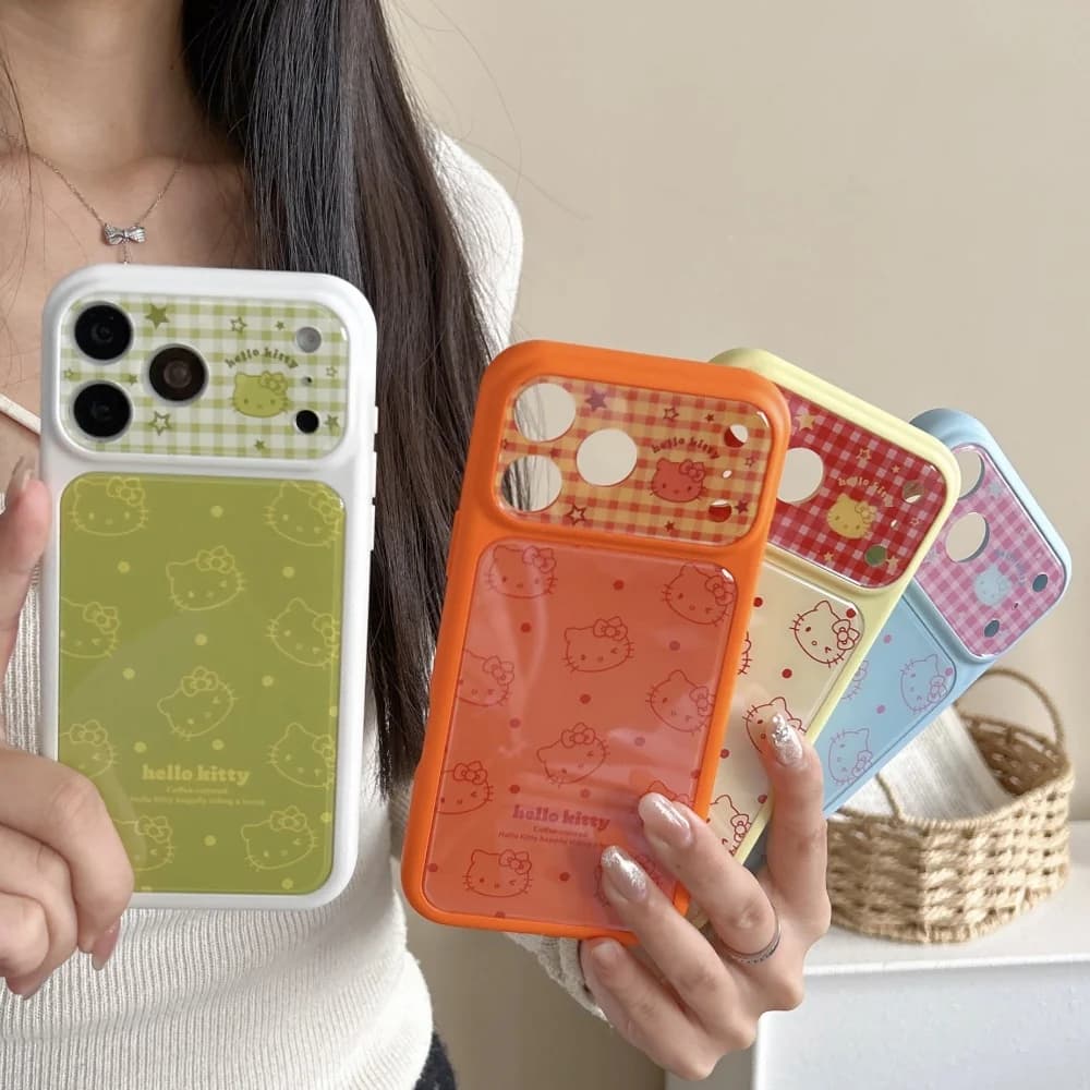 Cute Checkered Hello Kitty Phone Case Large Window Lens Protector Shockproof Soft TPU Cartoon Cover For iPhone 16 15 17 Pro Max
