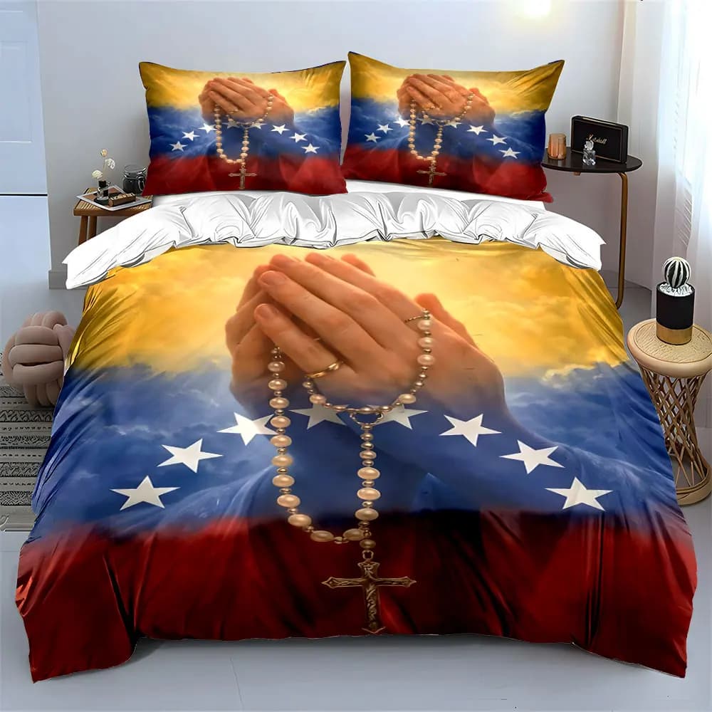 Praying Hands and Flag Theme Print Bedding Set 1 Duvet Cover 2 Pillowcases for Adult and Children Luxury Gift Full Size