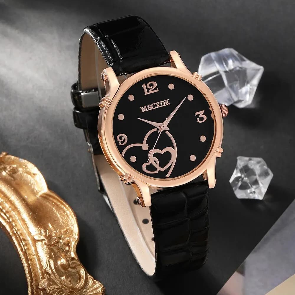 Set di Orologi da Polso in Pelle per Donna e Portafoglio Semplice a Forma di Cuore con Occhiali da Sole, Orologi al Quarzo Eleganti per Signore