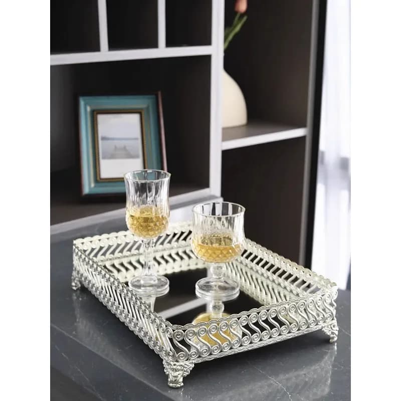 Vassoio a specchio europeo bicchiere da vino tavolino ornamento romantico rettangolare, piatto da pasticceria tavolo da dessert per matrimonio placcato oro argento