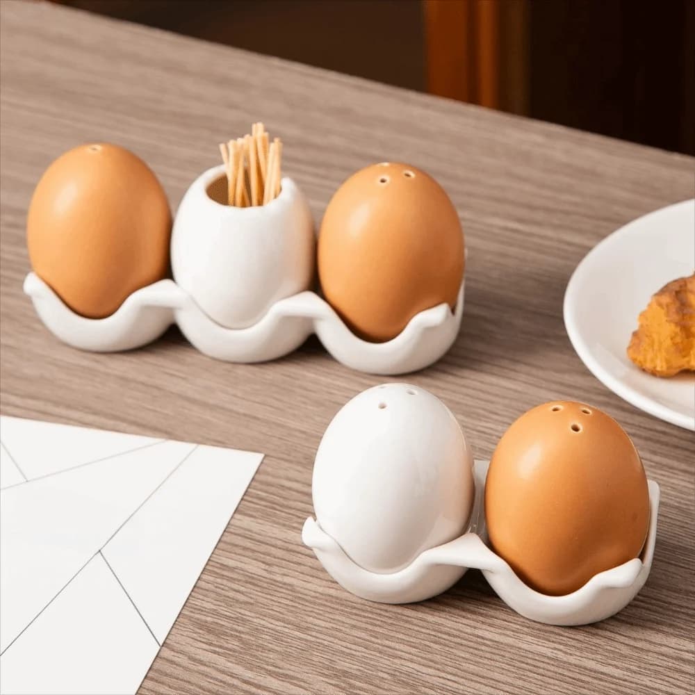 Set di Barattoli per Spezie in Ceramica a Forma di Uovo, con Decorazione Sottosmalto, Mini Bottiglie per Spezie con Vassoio Portaoggetti, Contenitori per Sale e Pepe