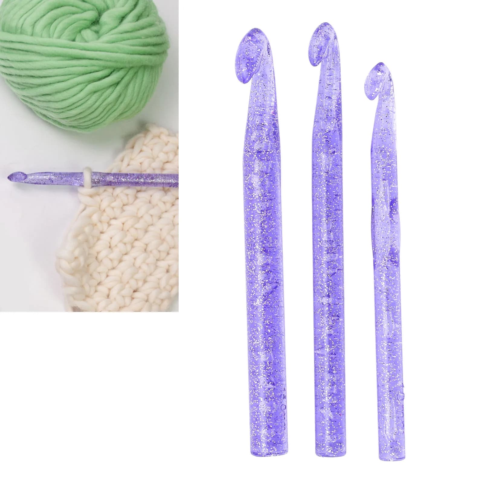 3Pcs Sparkly Transparent Plastic Crochet Hooks 10mm 12mm 15mm Knitting Needles for Sweater Scarf Hat Hand Weaving