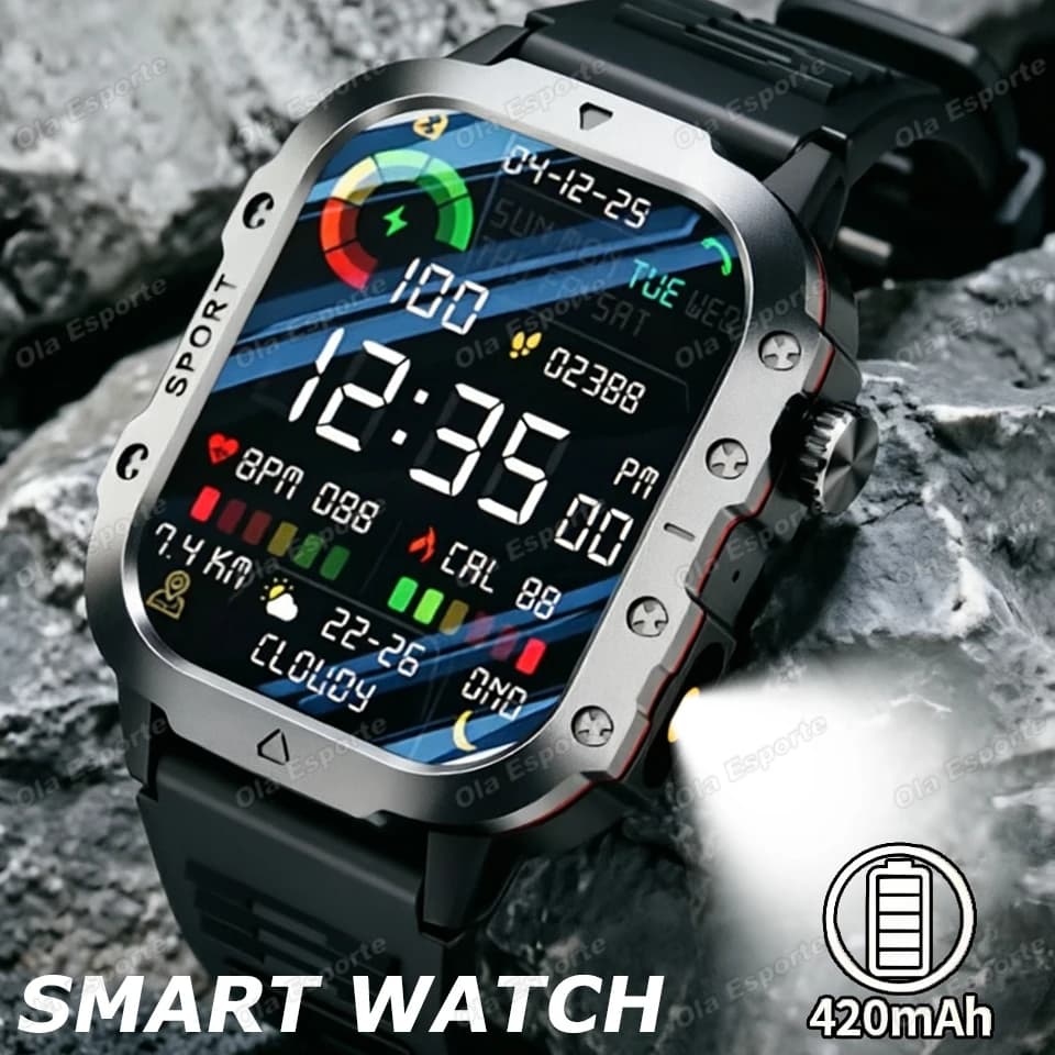 Nuovo Smartwatch da Esterno con Torcia 2026, Monitoraggio Frequenza Cardiaca e Sonno, Chiamate Bluetooth, GPS, Sportivo, Impermeabile HW12