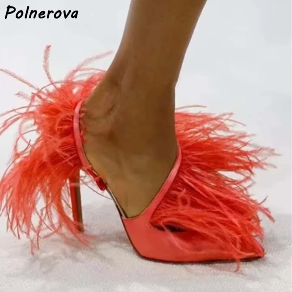 Sandals with fringes of surround feathers in satin Pointe toe Pine shoes with solid toe Little deep summer red orange black
