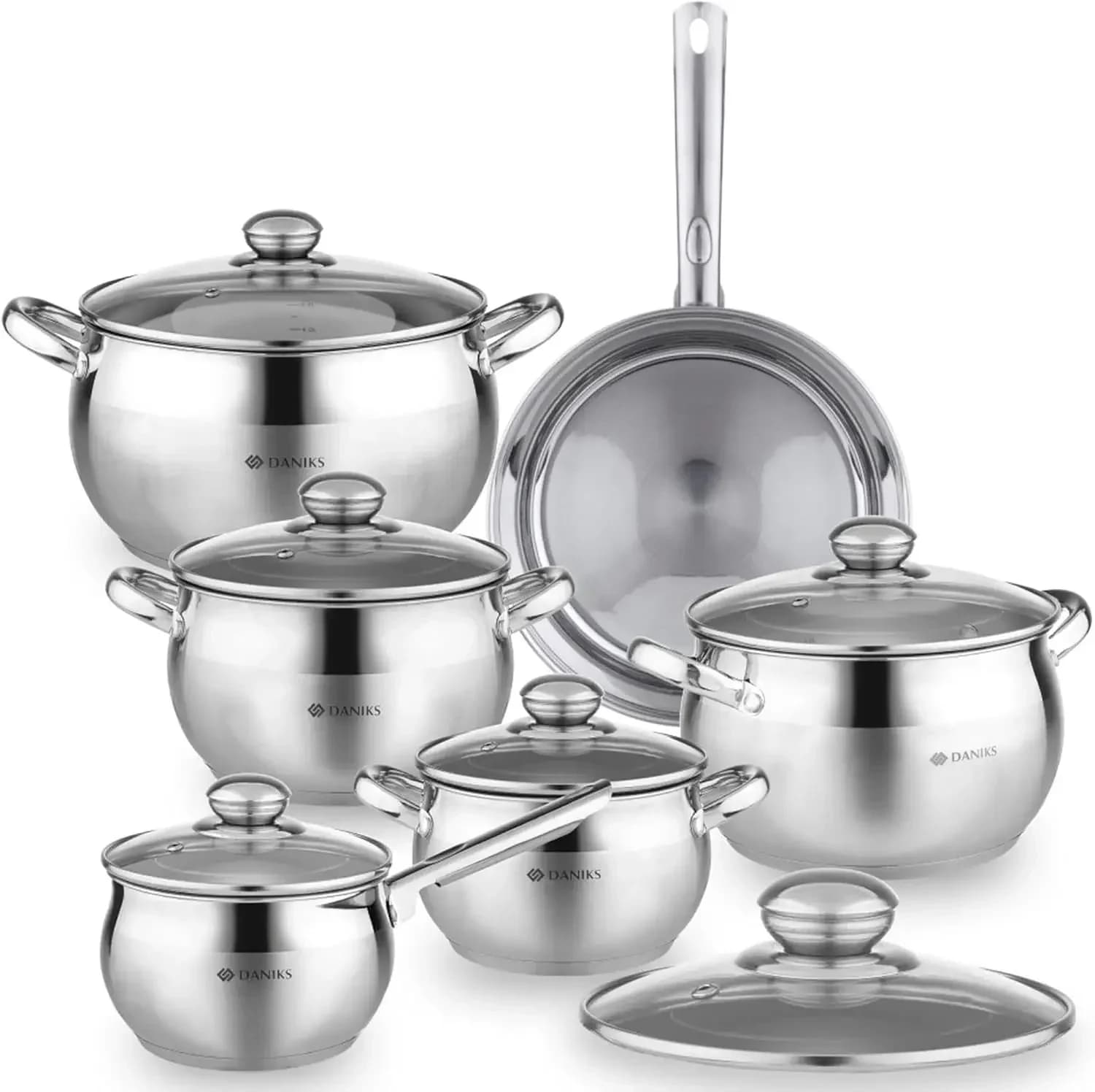 Classic 12 Piece Stainless Steel Pot Set with Casseruola and Padella, Glass Covers, Compatible with Induction, Dishwasher Washable