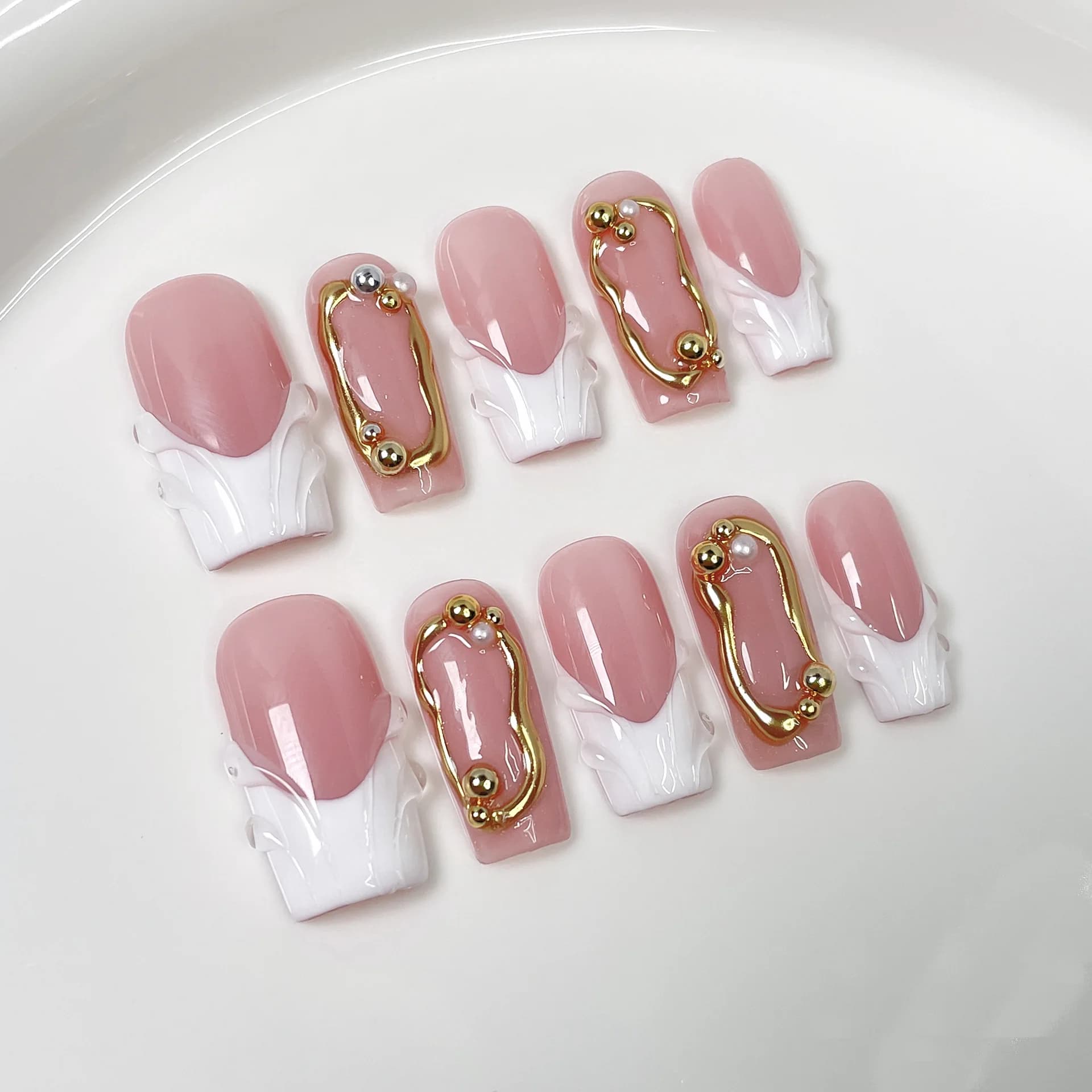 10 pezzi rosa semplice bara stampa sulle unghie balletto francese fatto a mano unghie finte di media lunghezza acrilico artificiale moda indossabile nail art
