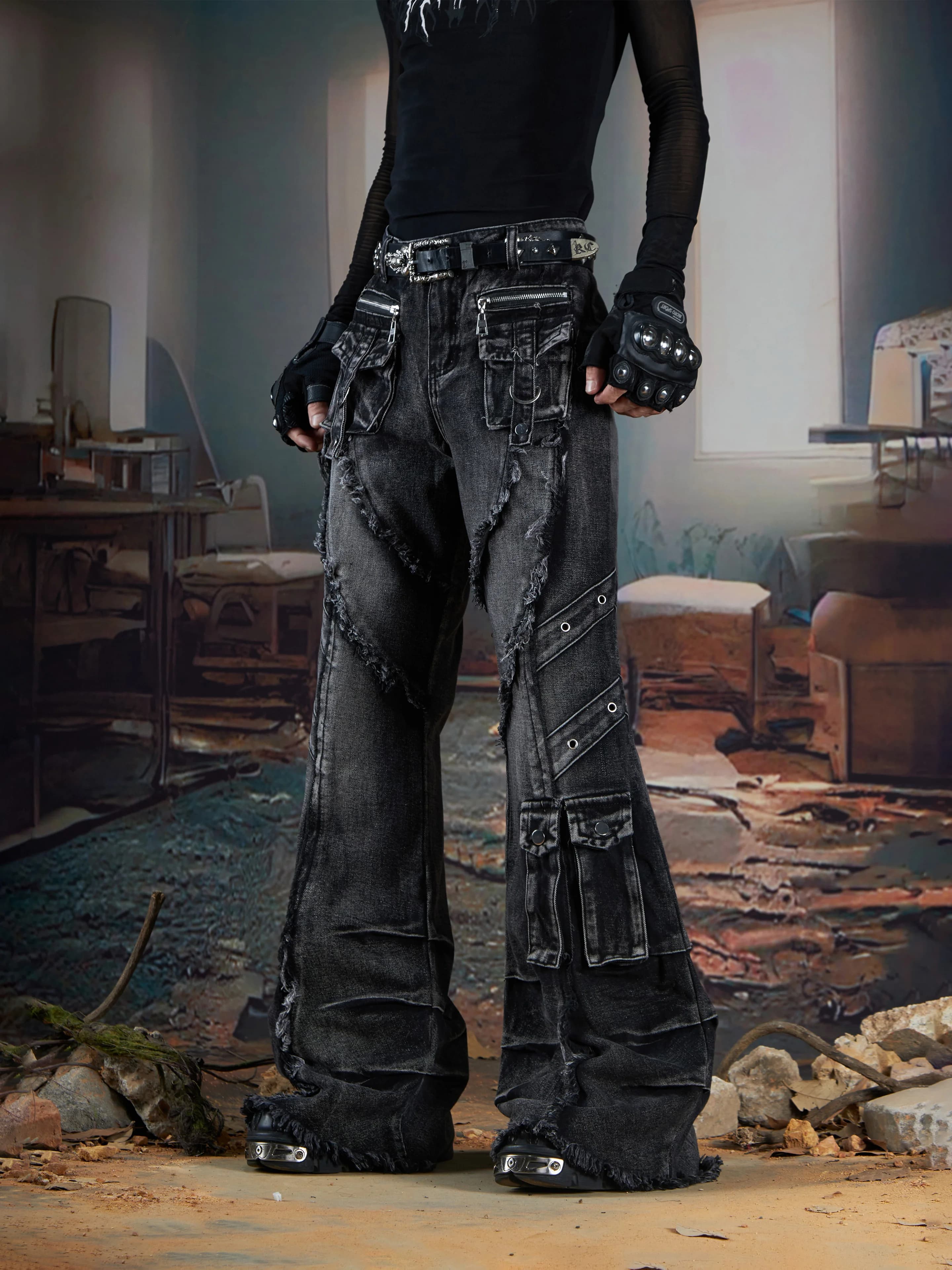 Design Dark High Street Industria super pesante Decostruisce cuciture multitasche Pizzico Pantaloni bootcut pieghettati Jeans