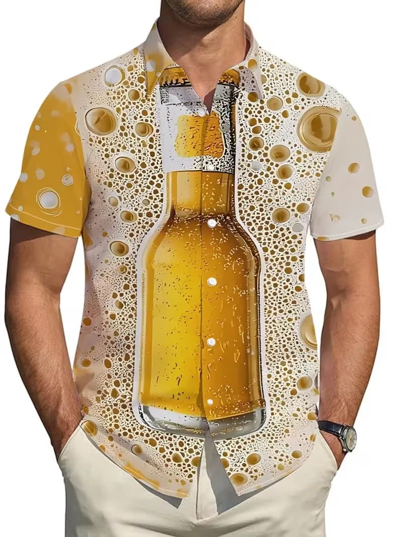 Camicia hawaiana da uomo con stampa birra e ghiaccio, maniche corte, grafica con boccale di birra, abbottonata, casual, da spiaggia, per gli amanti della birra