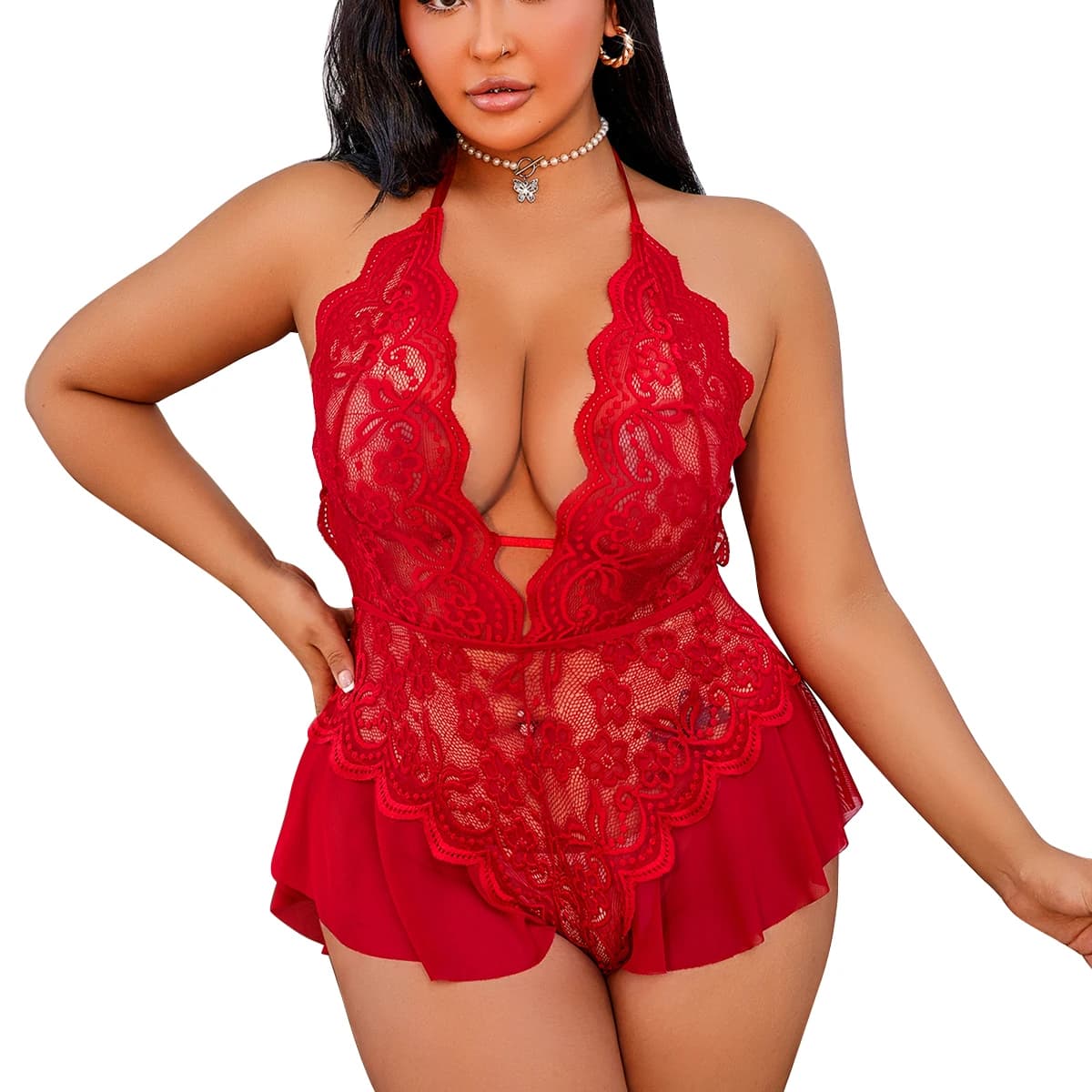 Lingerie sexy per donna Babydoll trasparente Costume erotico Reggiseno cavo in pizzo Crotchless Pigiama da notte Set Plus Size Halter