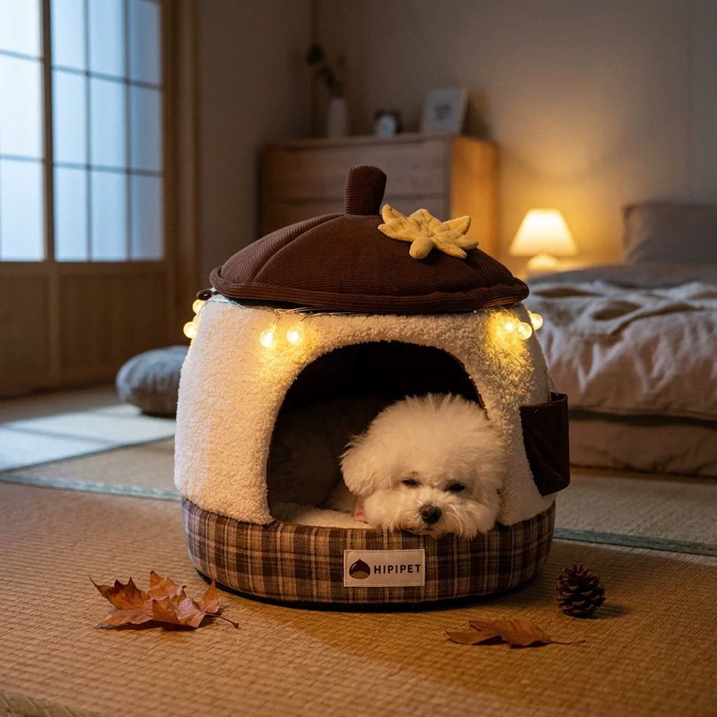 mushroom chestnut-themed semi-enclosed pet bed for dogs and cats, providing warmth in autumn and winter with ample space