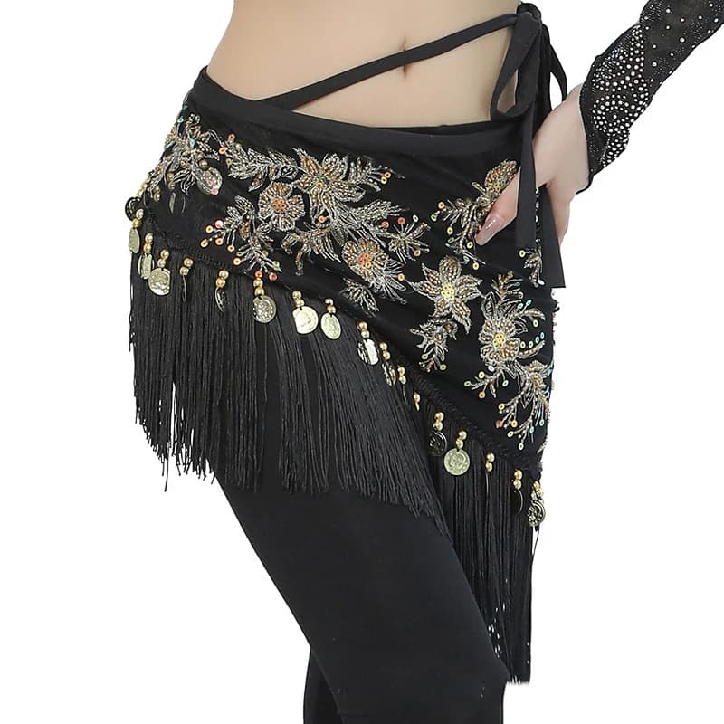 Embroidered Belly Dance Hip Scarf - Oriental Pattern Waist Wrap with Coins & Fringe for Performance, Practice & Festival
