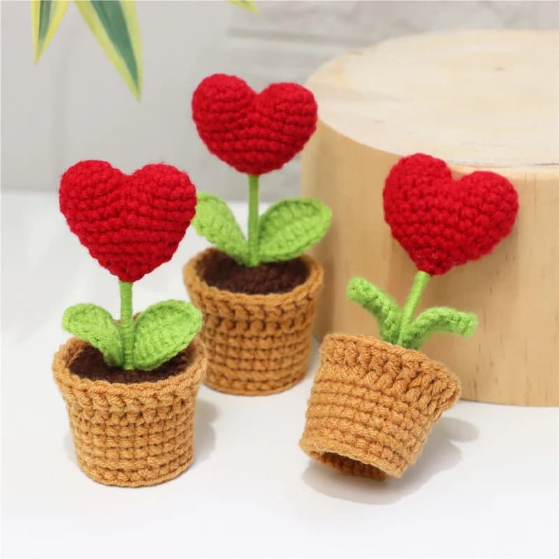 Cute Knitted Flower Plant Kawaii Handmade Crochet Flowers Small Potted Artificial Flower Ornament Desk Home Decorations