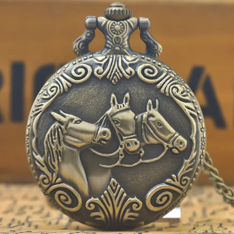 Steampunk Vintage Bronze Quartz Pocket Watch Animal Horse Carved Necklace Pendant Clock Chain Men Women Chain Gift