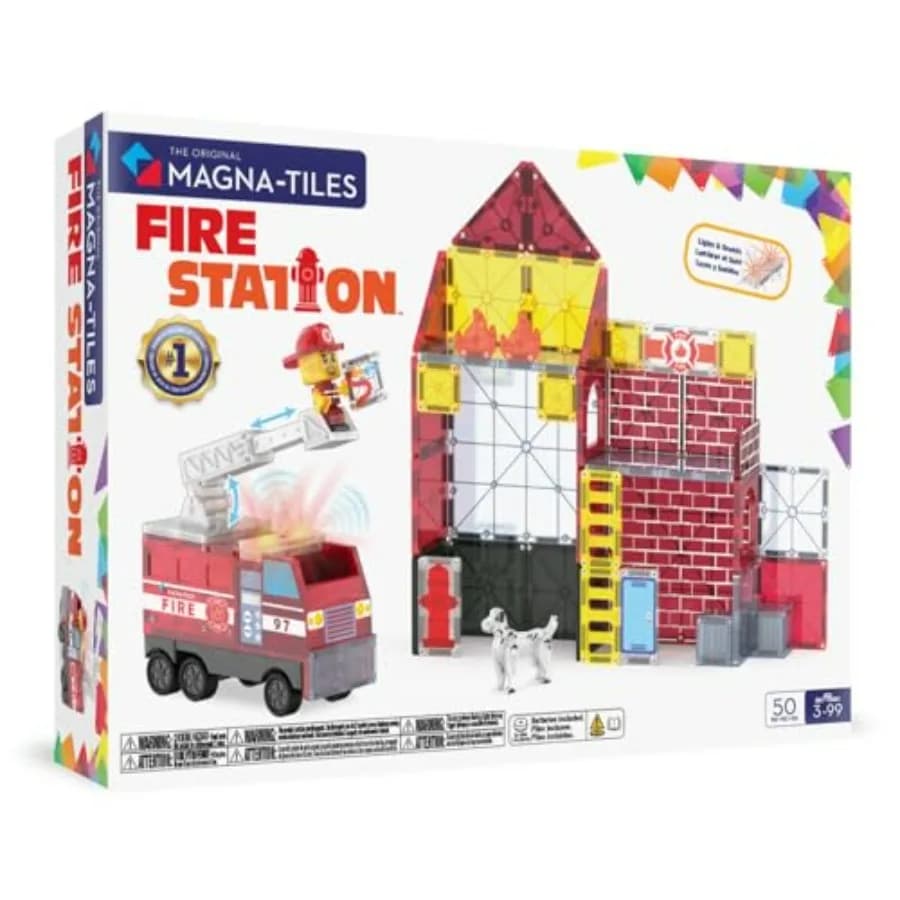 Set di Costruzioni Magnetiche Magna-Tiles Stazione dei Pompieri, 50 Pezzi, Blu Trasparente e Rosso, Gioco Educativo STEM per Bambini