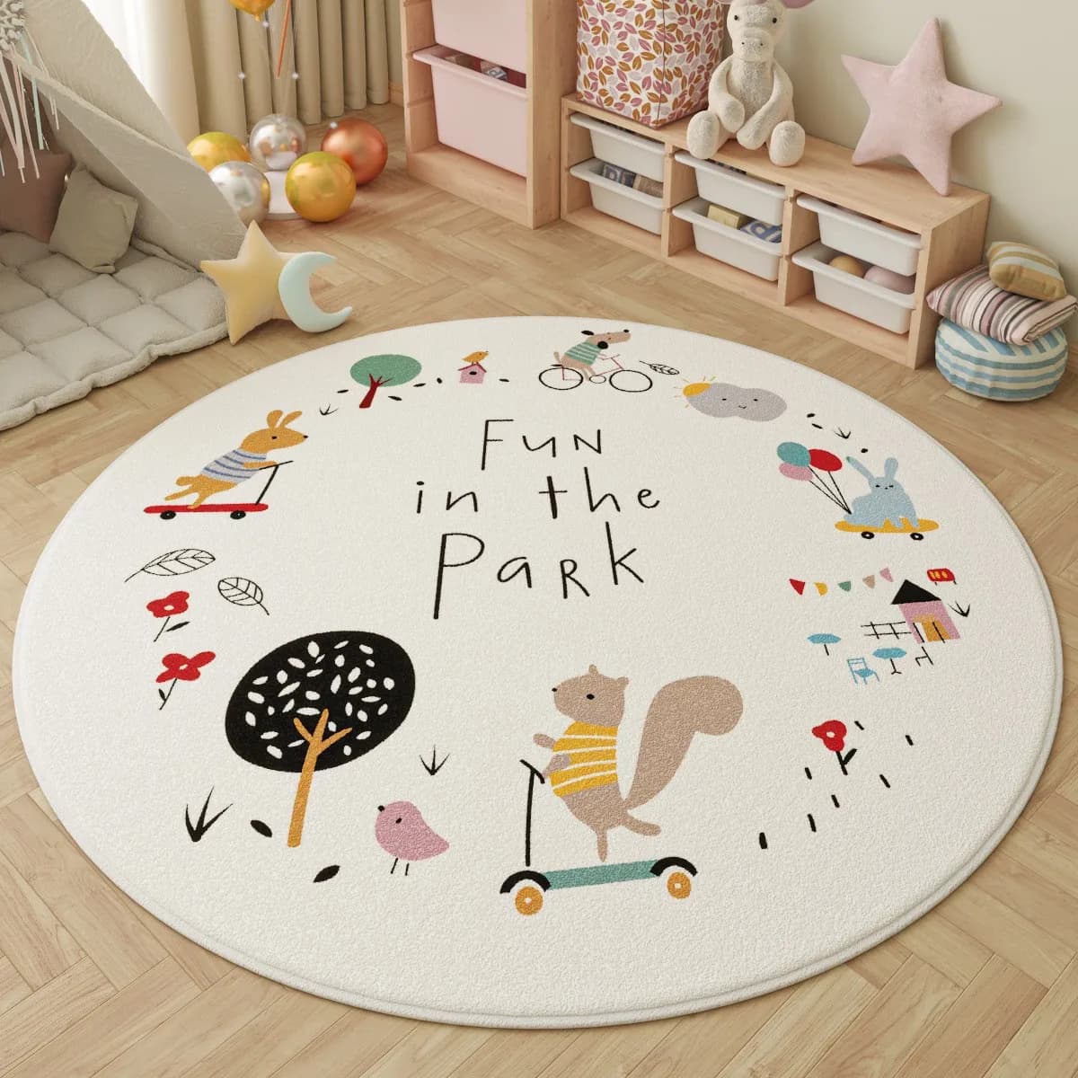 Fun in the Park Kids Round Rug Cute Animal Adventure Themed Non Slip Floor Mat for Nursery and Playroom