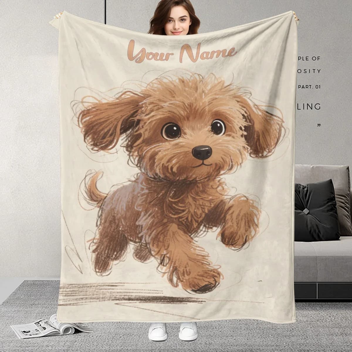 Nome personalizzato con coperta con motivo cucciolo giocoso, adorabile design per cani dai capelli ricci marroni, regalo di compleanno perfetto per gli amanti dei cani