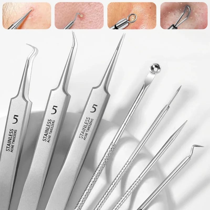 8 pcs Professional Skin Care Tools Stainless Steel Brown Extractors and Needles - For Removing Black Points, Acne Treatment