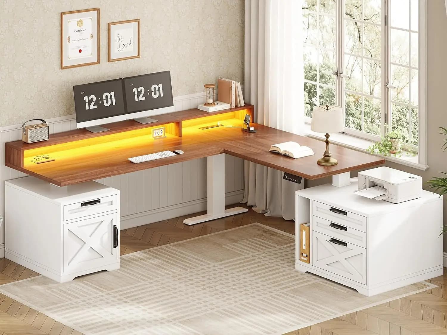 L Shaped Standing Desk Height Adjustable with Drawers Power Outlet Monitor Stand LED Lights 70x73 Inch Home Office, Customized