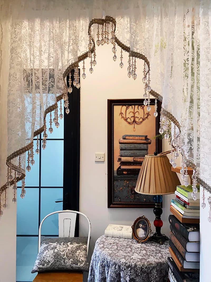 Retro Soft Furnishings, Tea Crystal White Lace Half Curtain, Hole-free Arched Door Curtain Curtains