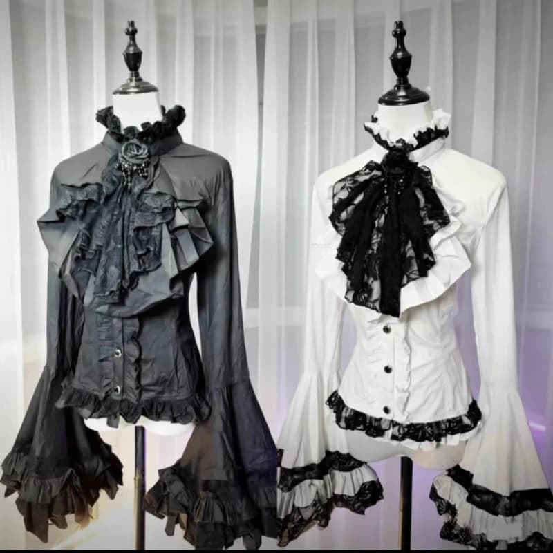 Camicia Primaverile in Stile Gotico Lolita per Donne, Elegante con Pizzo e Volant, Maniche Lunghe a Campana, Top Estetico Y2k Punk Subculturale