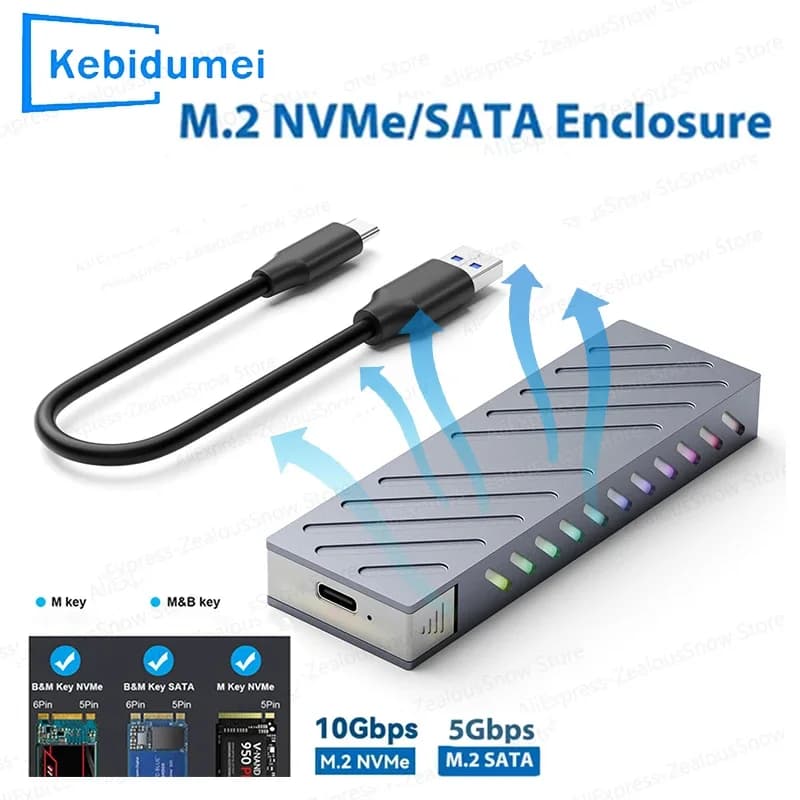Case SSD KEBIDUMEI M2, Enclosure per SSD M.2 NVMe SATA, Box Esterno USB 3.1 Tipo C 10Gbps, Adattatore in Alluminio, Supporta M e B&M Key