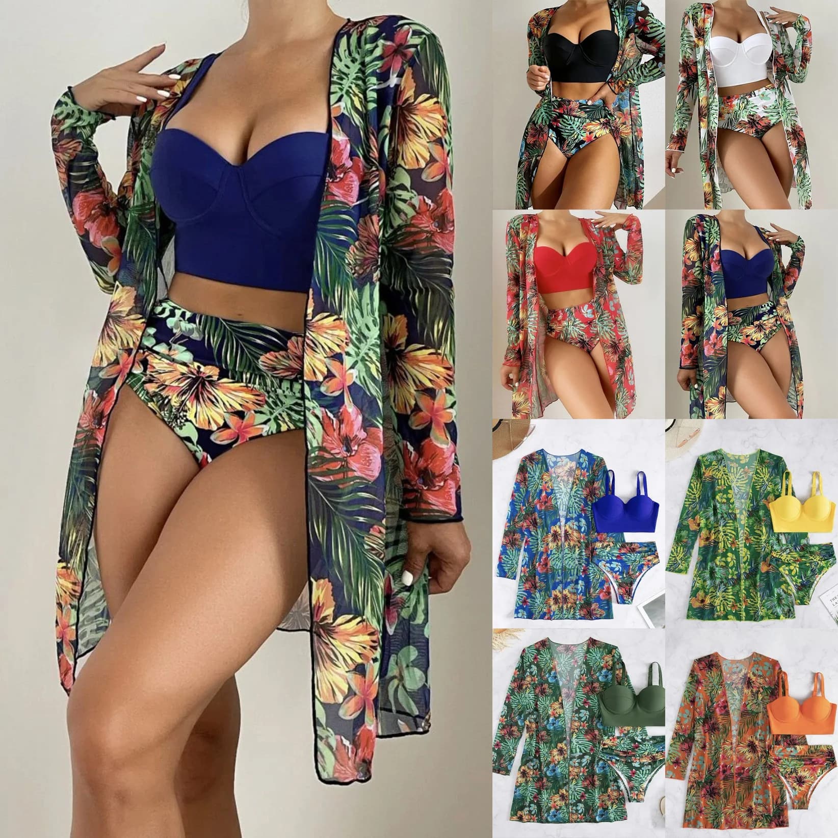 New summer women's sexy bikini mesh three piece set with gathered print split swimsuit