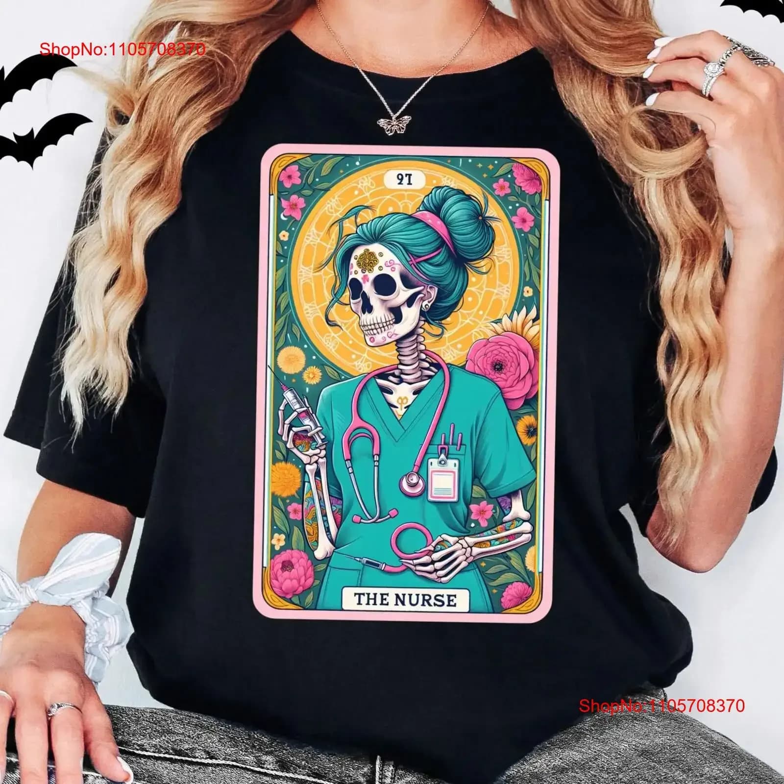 The Nurse Tarot Card T Shirt Halloween Spooky for Fall vintage Washed Slightly graphic Versatile Soft fashion streetwear