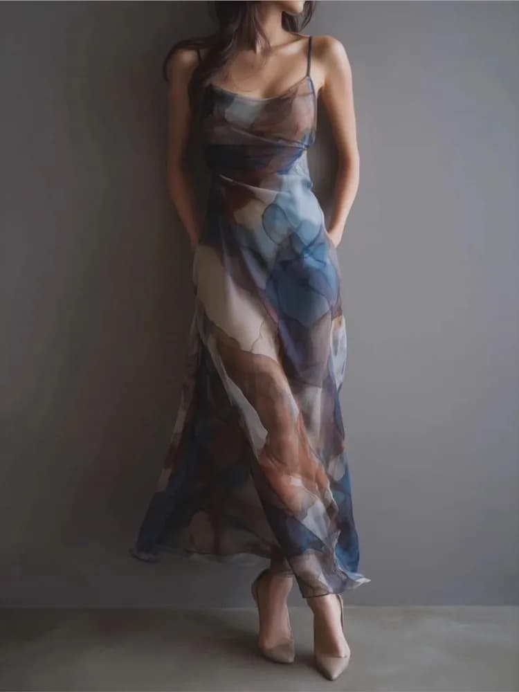 Nuovo Abito Elegante in Chiffon da Donna, Vestito Lungo con Bretelle Stampato Colorato, Abiti Casual Estivi per Feste e Vacanze, Robe Femme