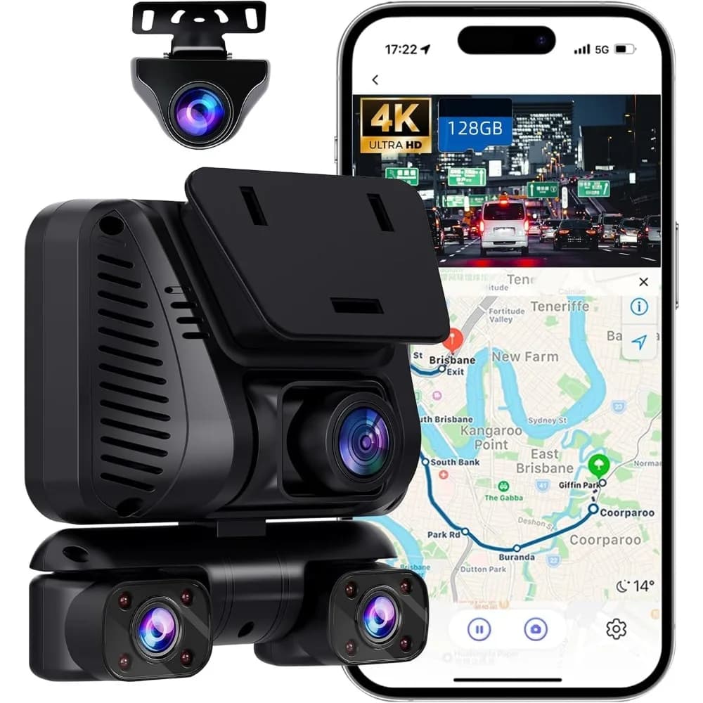 Dash Cam 4K 360 ° View, 4 channel front and rear dashboard camera for cars, 5 GHz integrated Wi-Fi GPS, voice control, 128G card free, night