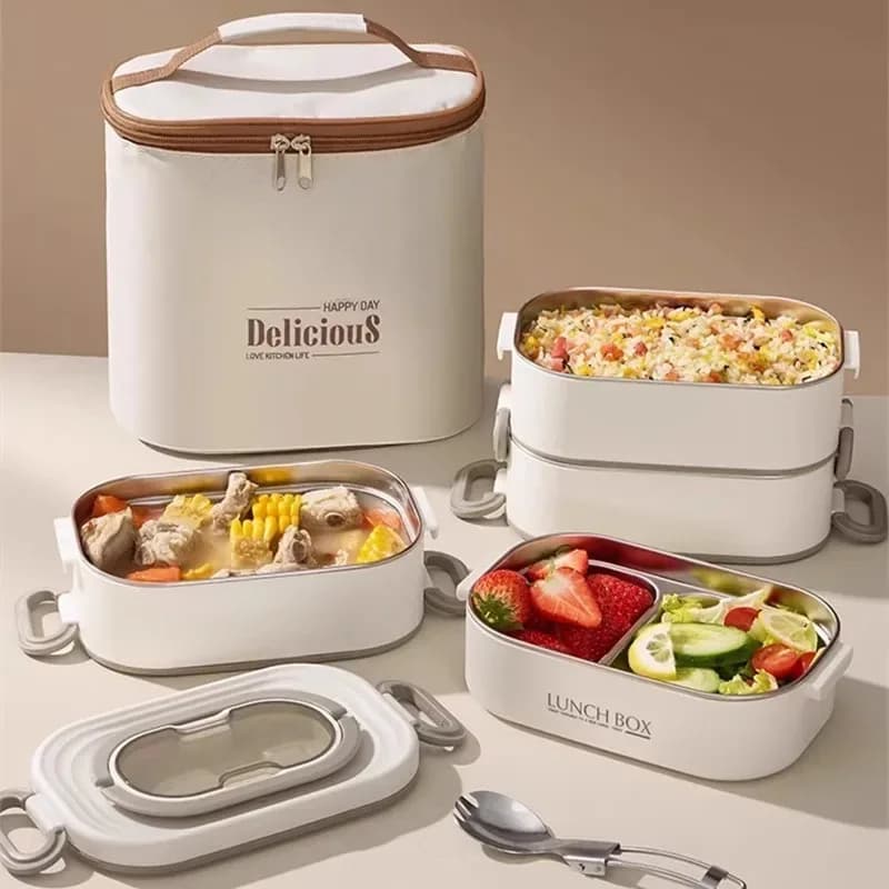 Contenitore per il pranzo termico in acciaio inossidabile 304 a doppio strato da 1500 ml con borsa isolante Contenitore per alimenti per studenti adulti Bento Box a prova di perdite