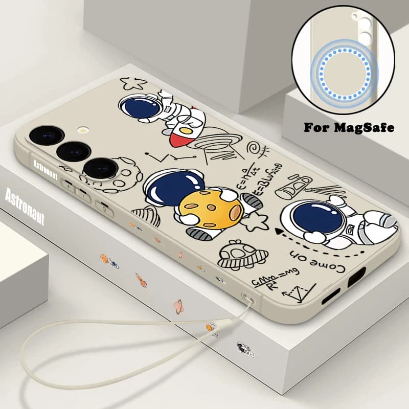 Cute Astronaut Magnetic Case For Samsung Galaxy S26 S24 S23 S22 Ultra Plus S25 S24 FE For Magsafe Wireless Charge Lanyard Cover