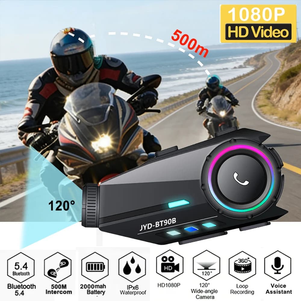 Intercom for Motorcycle Helmet with 1080P Camera, Video Recording, Bluetooth, Waterproof, 2000mAh Battery, RGB Lamp