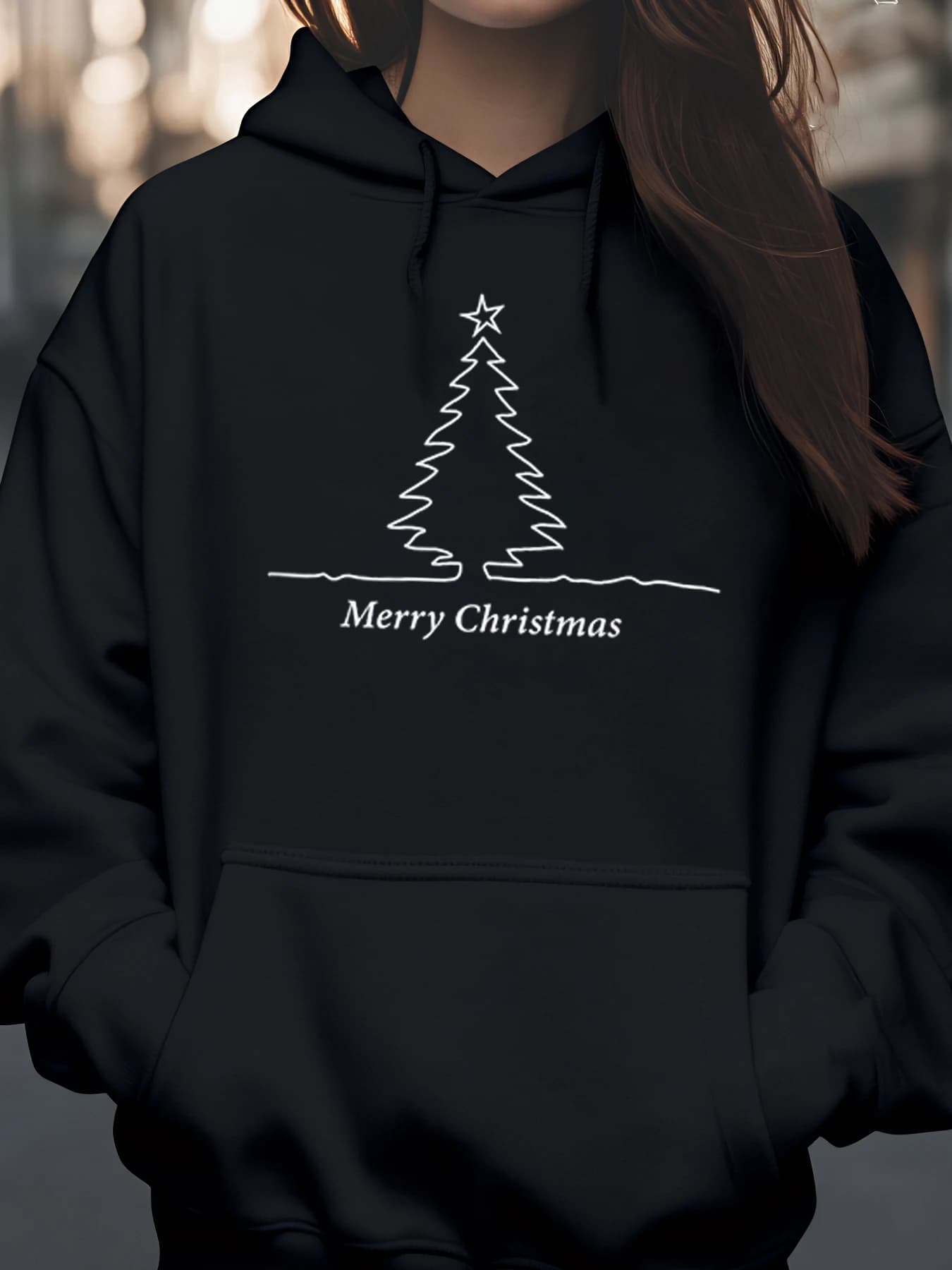Albero di Natale Line Art Merry Christmas Felpa con cappuccio Vacanza Abbigliamento casual da donna