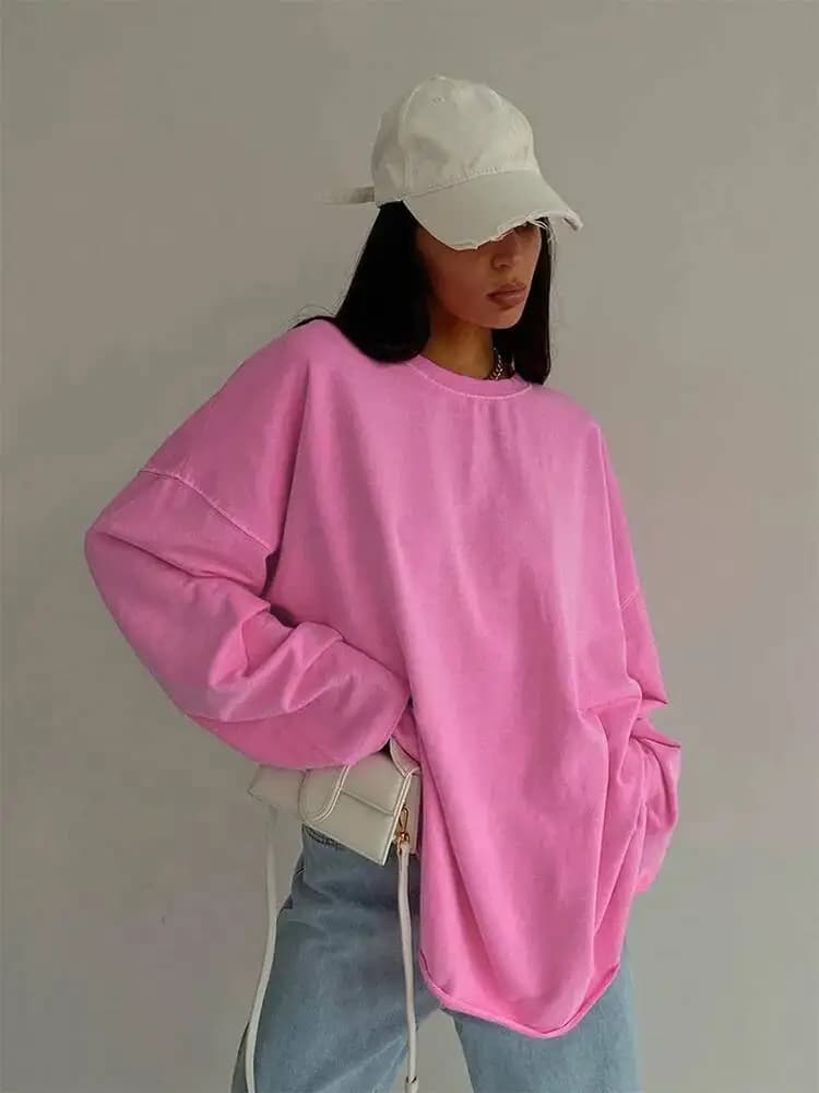 T-shirt Rosa Streetwear 2026 Girocollo a Maniche Lunghe Casual da Donna, Top Sottile Autunnale