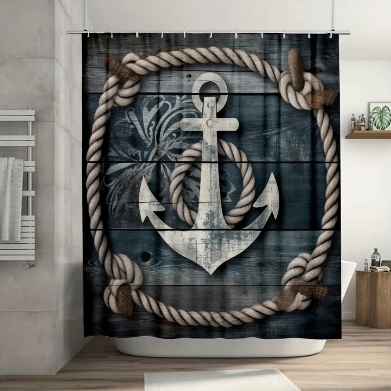 Tenda da doccia con ancoraggio nautico e corda, poliestere resistente, lavabile in lavatrice, con ganci, arredamento per il bagno a tema marino
