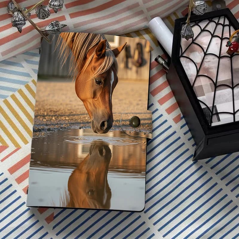 Soft Leather Cover Notebook With Brown Horse Water Reflection Print, Realistic Equestrian Animal Journal with Snap Button Closur