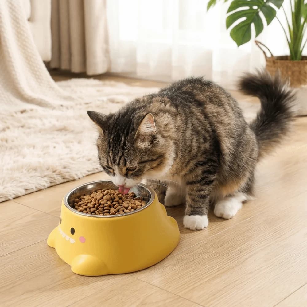 15 ° Ciotola per Animali Domestici a Forma di Dinosauro Inclinata, Antiscivolo e Antigoccia, in Acciaio Inossidabile per Cibo e Acqua di Cani e Gatti