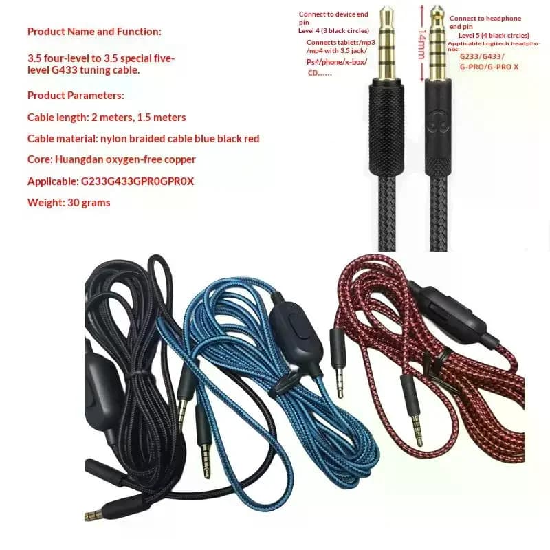 2 meter extension cable, G233 G433 GPROX game headphone spare cable with volume control clip and mute function