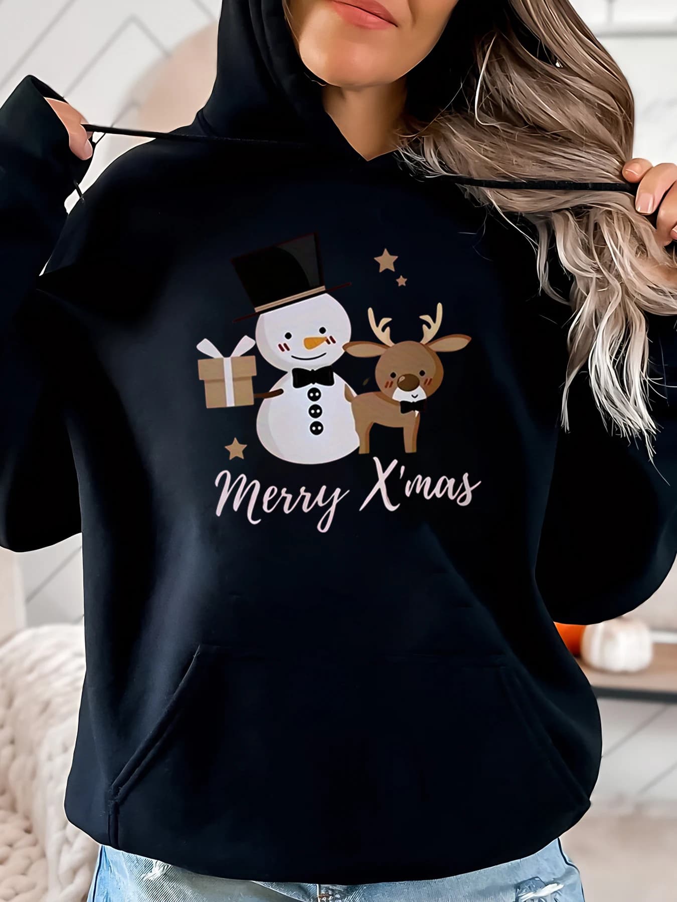 Snowmen and reindeer Hoodie with print Merry Christmas Casual Clothing Women Christmas Black Plus Sizes