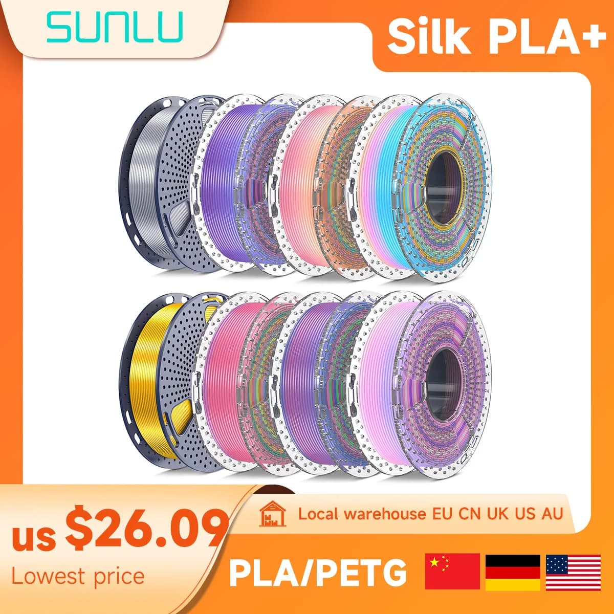 SUNLU Fliament Silk PLA +/PLA/PETG/WOOD/Filamento arcobaleno 250g 500g/bobina 1.75mm colore misto Filamento di seta Spedizione veloce