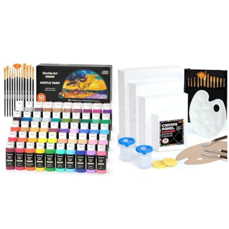 Canvas Panels and Acrylic Paint Bundle, Art Painting Supplies Set for 50 Colors Acrylic Paint Bottles 60ml/2oz and 50 Pack Canv