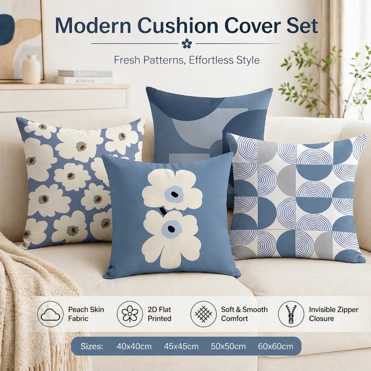 Nordic Blue White Floral Cushion Cover 2D Flat Printed Peach Skin Pillowcase Modern Minimalist Throw Pillow Case for Sofa Decor