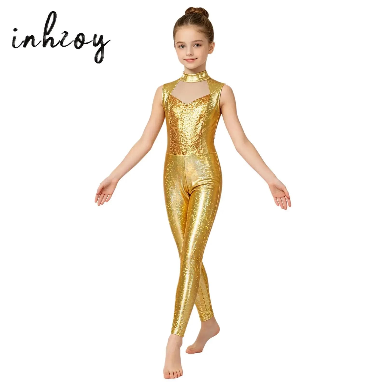 Kids Girls Gymnastics Ice Skating Training Unitard Mock Neck Sleeveless Tank Top Mesh Patchwork Sequin Bodysuit Competition