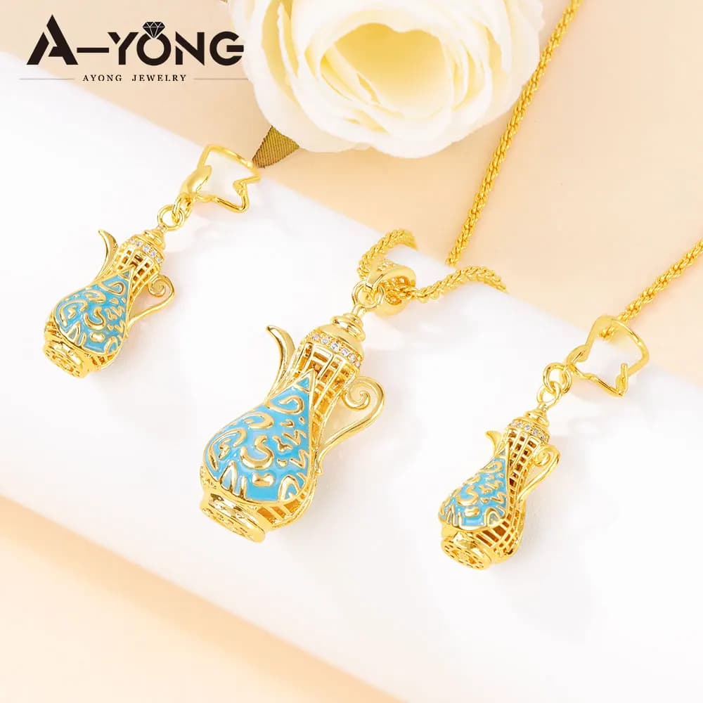 Set di Gioielli Arabi Placcati in Oro 21k, Collana e Orecchini a Forma di Teiera, Gioielli Eleganti per Donne di Dubai, Eventi Eid e Feste