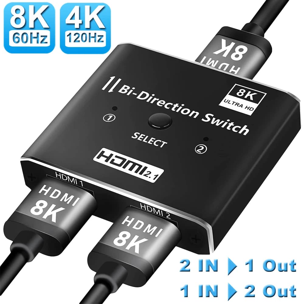 Navceker 8K 60Hz compatible with HDMI 2 ports 4K 120Hz HD Two-way Switcher 1x2 2x1 HD Switch for PS5 PS4 TV Box