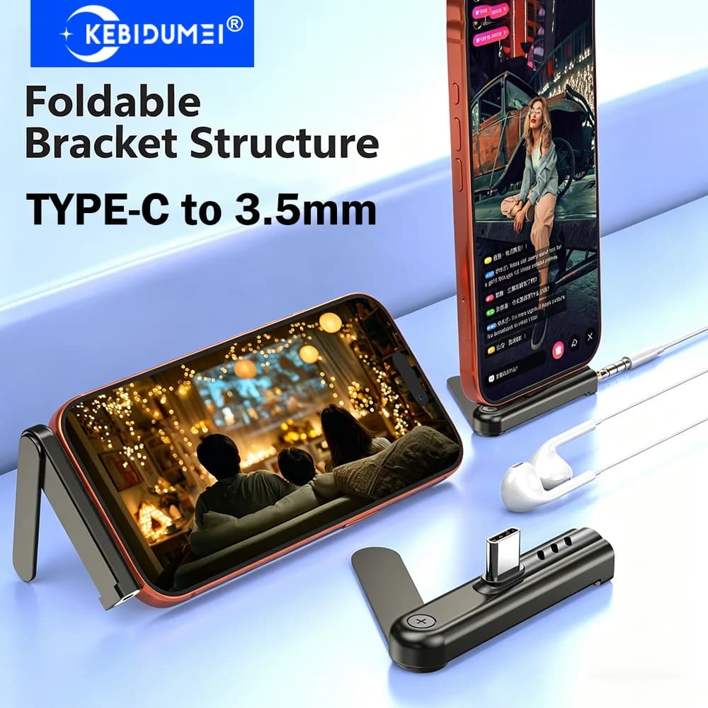 Adattatore KEBIDUMEI da USB-C a AUX 3.5mm con Funzione Stand, Convertitore da USB-C a Jack per Cuffie 3.5mm, Cavo Aux da Tipo C a Jack 3.5