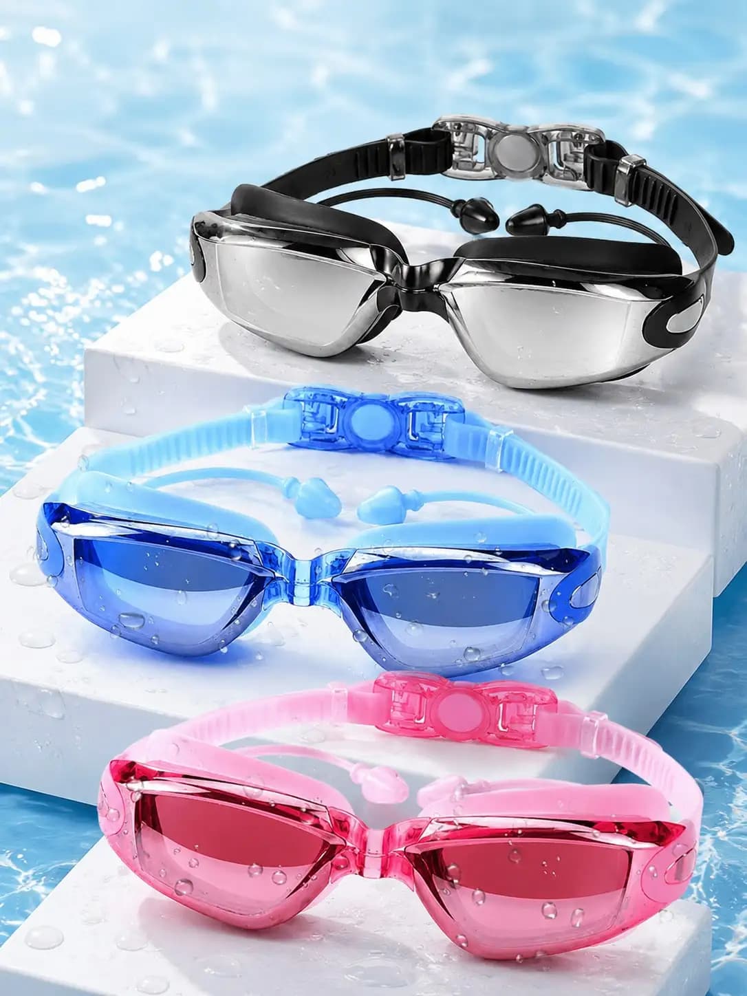 Electroplated Large Frame Adult Swim Goggles Anti Fog Waterproof Integrated Ear Plugs For Diving Surf Competition Pool Beach