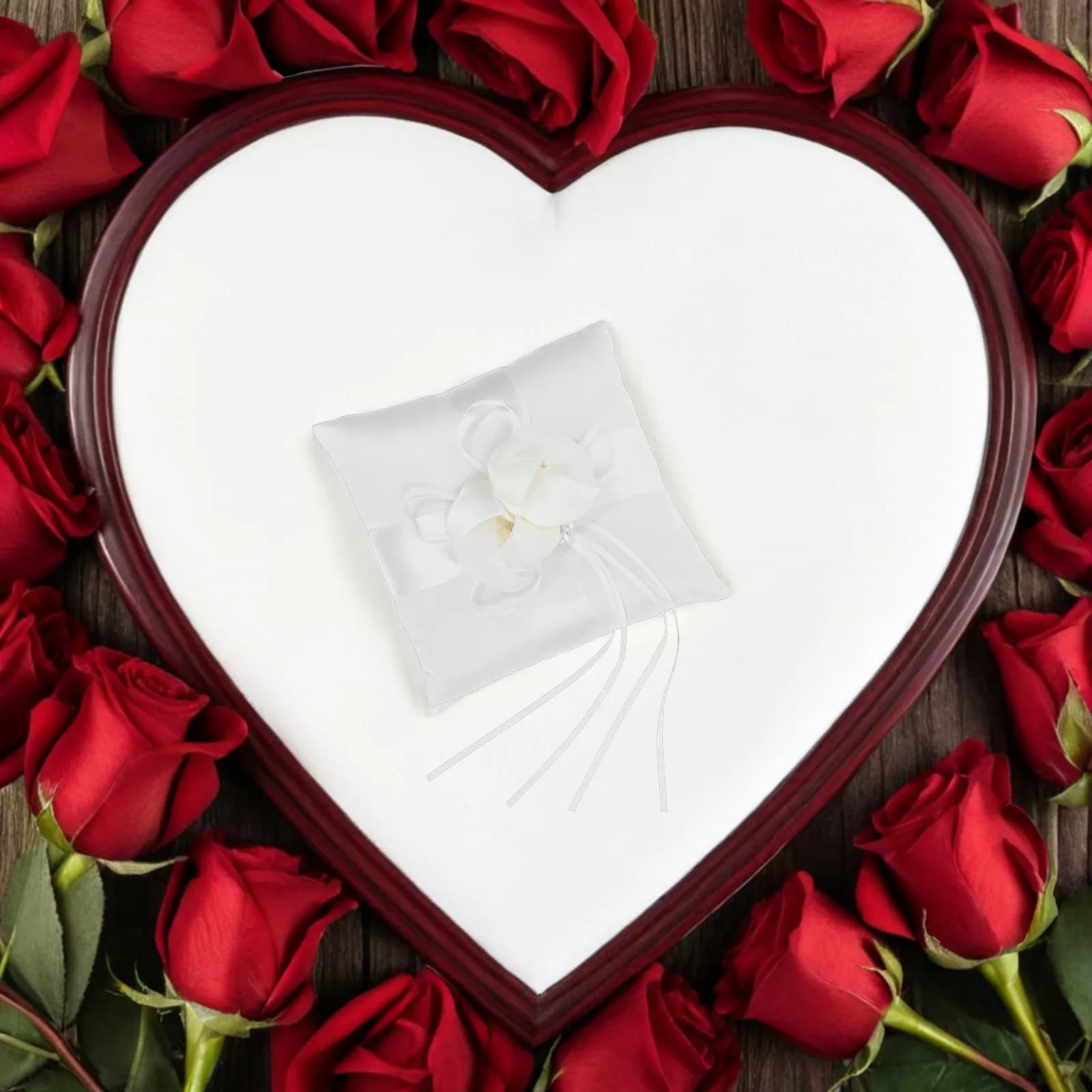 Elegante Portafiori da Matrimonio 15x15cm in Raso Bianco con Chiusura a Bocciolo, Nastro e Decorazione Finta
