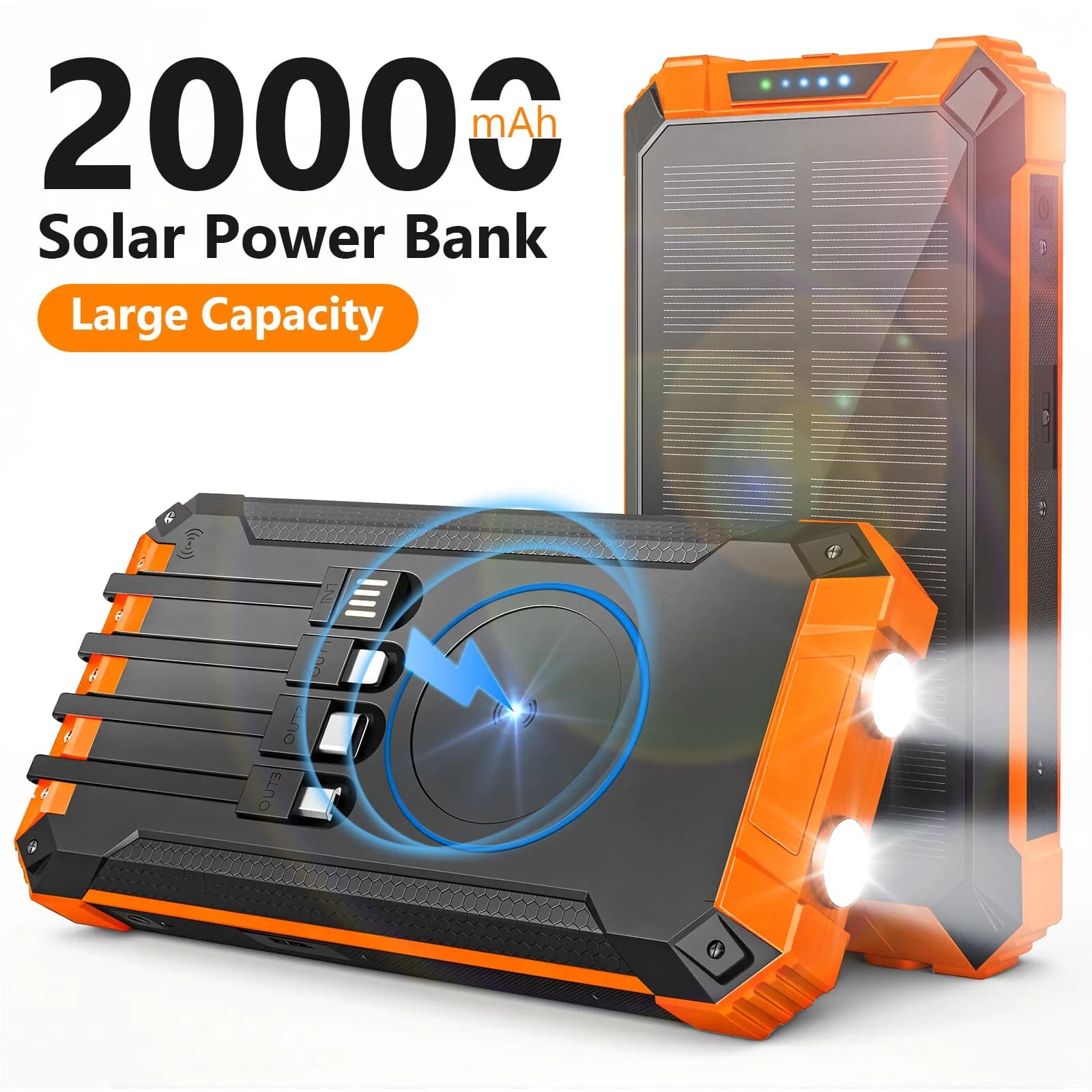 Power Bank Solar Portable 20000mAh with Dual LED Light and 4 Integrated Cables for Quick Charging of iPhone, Android Phones and AirPods